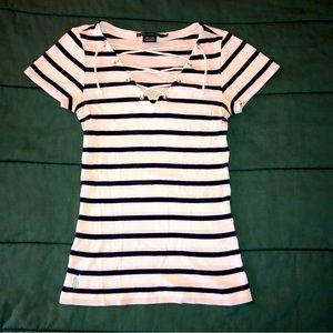 Ralph Lauren Sport Ladies Short sleeve Shirt with laced front -white/navy stripe